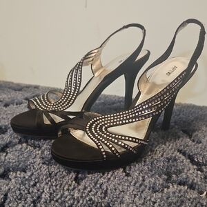 Elegant Black Rhinestone Slingback Heels